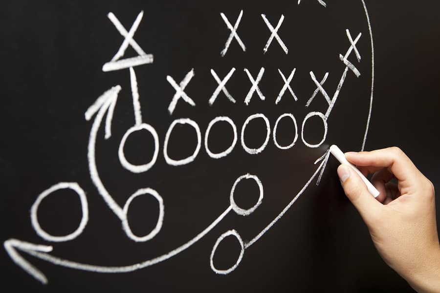 Setting a game plan for a team on chalkboard
