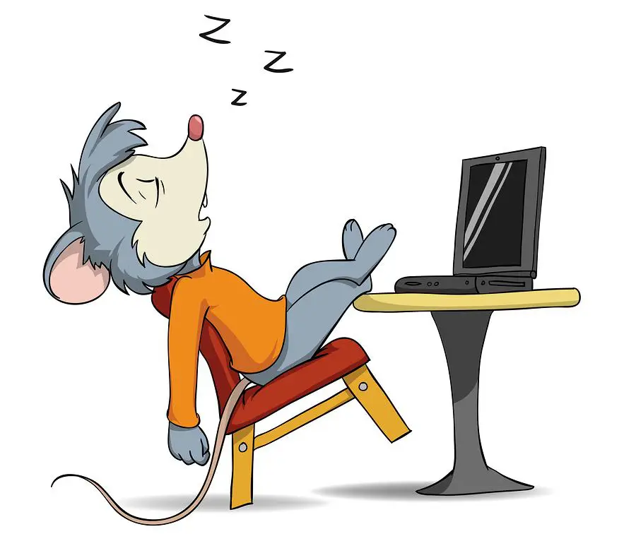 Cartoon mouse asleep at the laptop